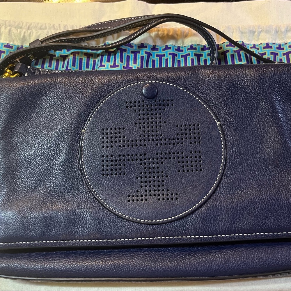 TORY BURCH Navy Blue Crossbody Bag soft Leather Fold over Bag Calf skin purse